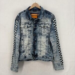 KLOUD9 Denim Jacket Mens Large Blue Acid Wash Checkered Sleeve Streetwear Grunge
